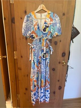 Poetry Multicolor Floral & Abstract Maxi Dress in Blue, Orange, Yellow